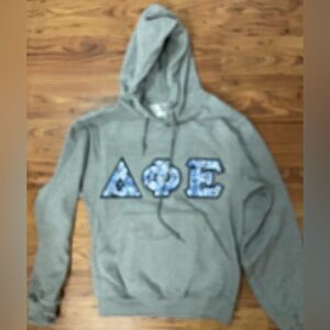 Delta Phi Epsilon Fave Fit Heather Gray parsley blue  letters Hoodie size small